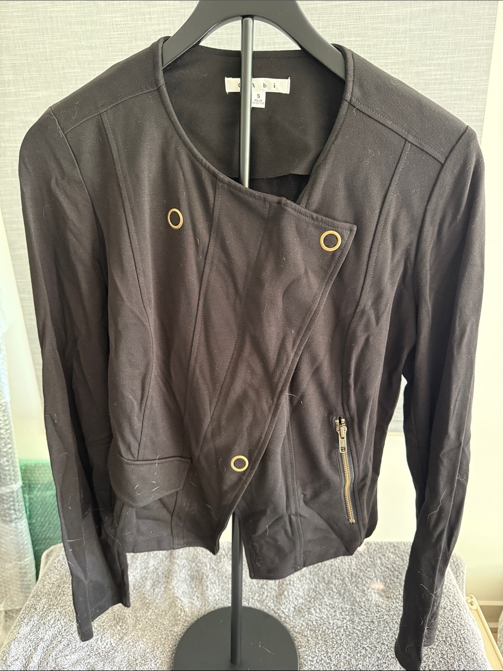 CAbi Black Asymmetrical Blazer with Gold Eyelet Detail